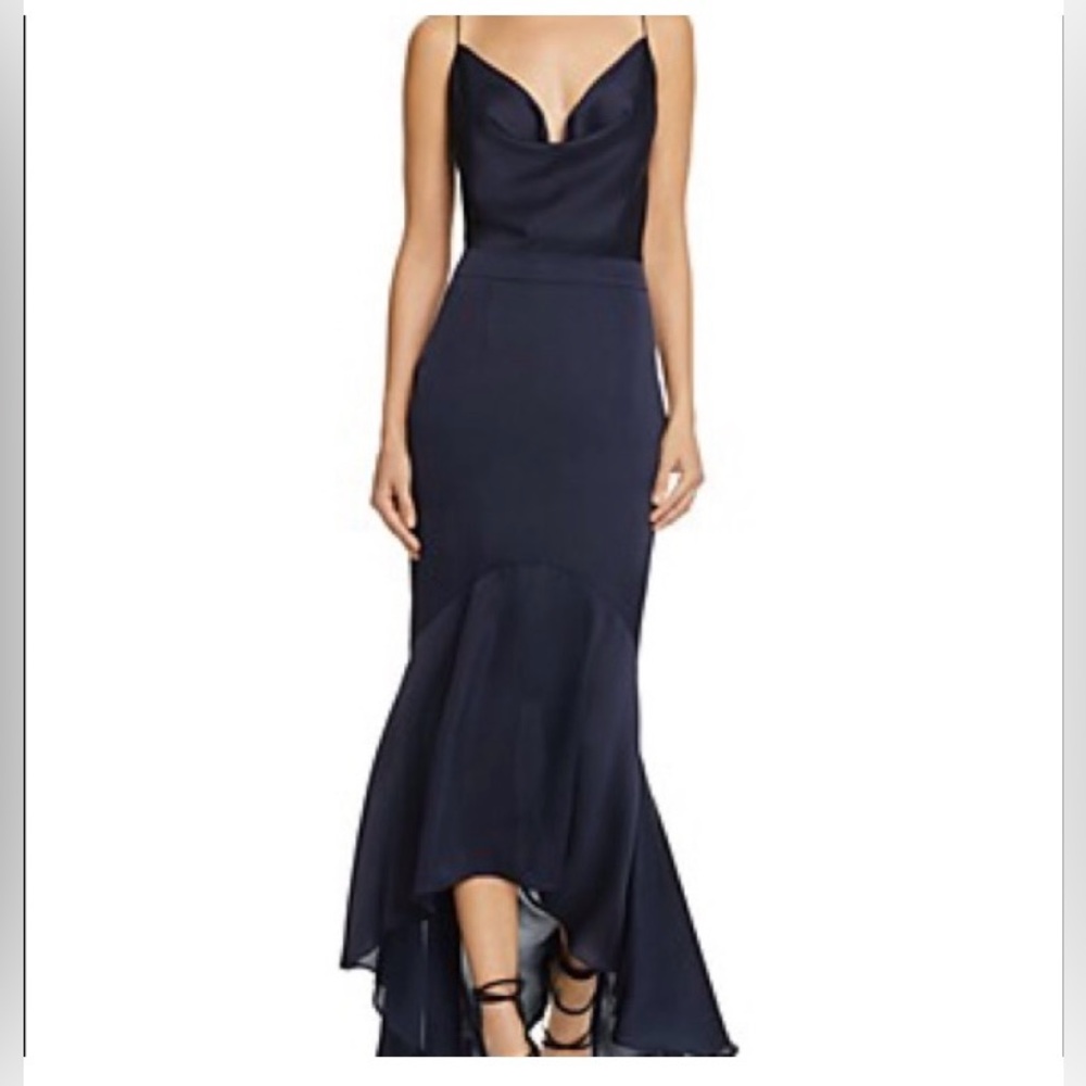 Elegant Blue High Low Gown with Cowl Neckline